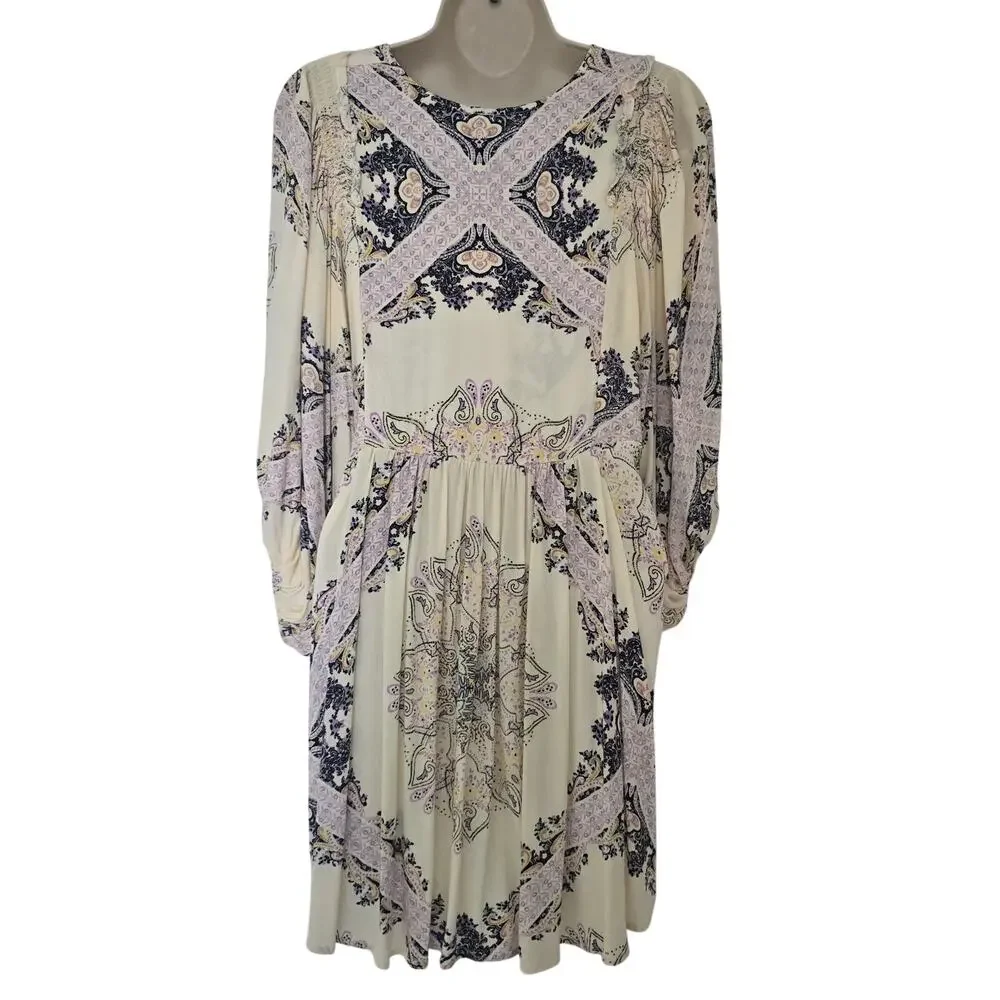 Free People Girl Talk Boho Tunic Top Size XS Ruffle Long Sleeve Floral Paisley - Picture 5 of 9